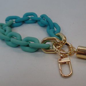 Interesting Key Ring Chunky Teal Links & Tassel Goldtone Accents Wear Bracelet
